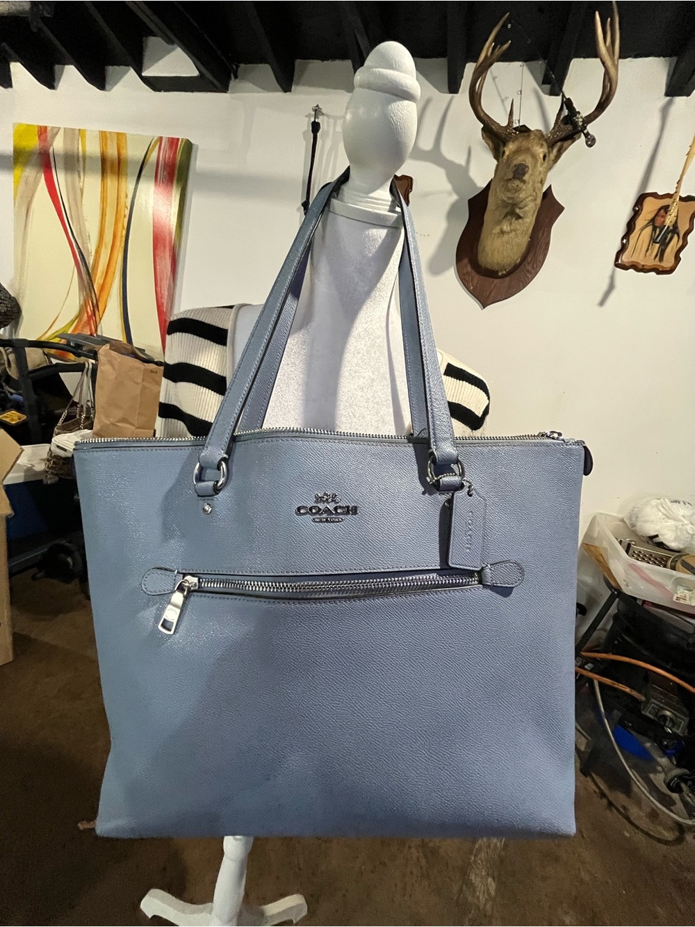 Coach Light Blue Leather Tote with Front Zip Pocket
